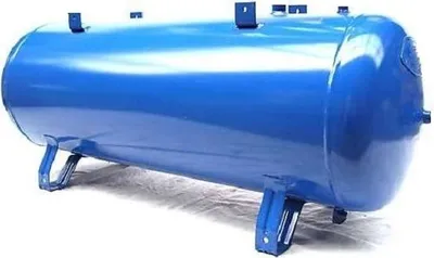 A blue cylindrical air tank with metal legs and mounting brackets, shown against a white background.