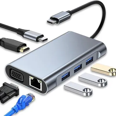 Obrázok produktu pre 7-v-1 rozbočovač USB-C s 4K HDMI, VGA, USB 3.0, 100 W PD a ethernetovým konektorom RJ45