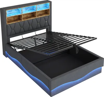 Produktbild von Multifunktionsbett Polsterbett LED-Beleuchtung USB Hydraulischer Stauraum Leinenstoff 140 x 200 cm Grau