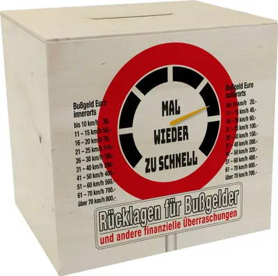 Produktbild von Zu schnell gefahren Bußgeld Spardose aus Holz in weiß mit Straßenschild Motiv