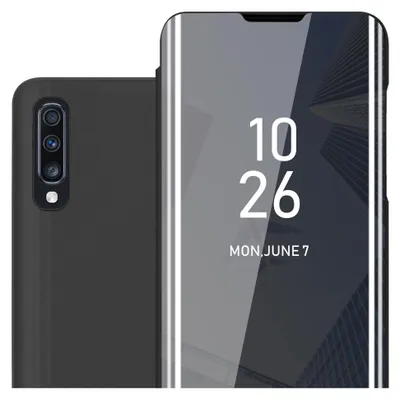 A black phone case is shown next to a smartphone with a reflective screen displaying the time and date.