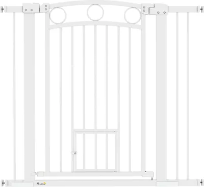 Image de Barrière de sécurité PawHut pour chiens, 76-104 cm Barrière d'escalier sans percer, verrouillable Barrière de sécurité avec chatière, Barrière de sécurité pour tous les grands chiens, Acier, Blanc