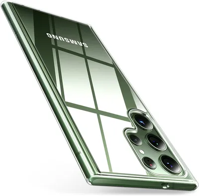 A transparent phone case with a green tint, showing the Samsung logo and the camera array of a smartphone.