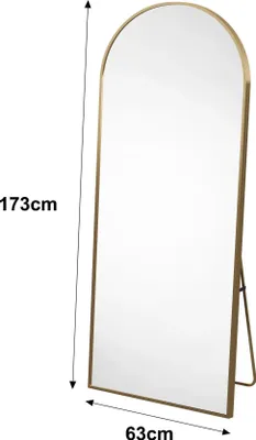 Obrázok produktu pre Moderné, zakrivené stojace zrkadlo – celotělové zrkadlo do kúpeľne – 177 × 77 cm – kovový rám – tvrdené sklo – na zavesenie, postavenie alebo opretie – zlatá farba