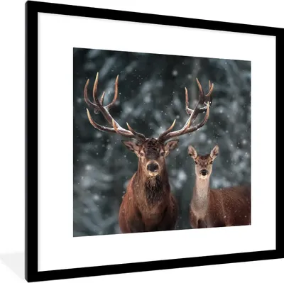 Produktbild von MuchoWow® Gerahmtes Poster Hirsche - Tiere - Winter - Geweih - Schnee - Natur 40x40 cm - Poster mit Schwarzem Bilderrahmen Wandposter Rahmen Foto Bilder - Poster - Plakat im Rahmen