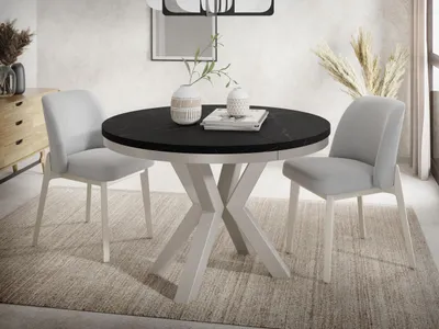 Produktbild von Runder Ausziehbarer Esstisch im Loft-Stil - Industrieller Tisch in Schwarzer Marmoroptik Grau-Beige Beinen - für Wohnzimmer - Marmor Schwarz - 100 bis 180 cm, KI-generiertes Bild