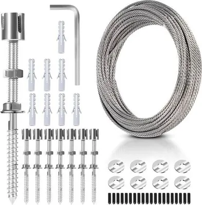 Obrázek produktu pro Lezecká pomůcka z nerezové oceli pro popínavé rostliny, 12 m profesionální systém jako kompletní sada s nástěnnými držáky a 3 mm ocelovým lanem