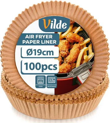 Zdjęcie produktu dla Vilde | Wkład do frytownicy powietrznej - Brązowy - 19 cm - 100 sztuk - Jednorazowy papier do pieczenia - Papier do pieczenia do frytownicy powietrznej