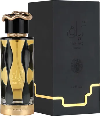 A perfume bottle and its box are displayed against a black background.