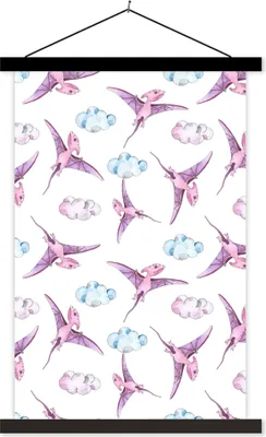 Produktbild von MuchoWow® Textilposter Dinosaurier - Muster - Kinderzimmer - Mädchen - Kinder - Rosa - Kinder 120x180 cm mit schwarzem Rahmen - Fotos