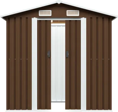 A front view of a brown metal shed with double doors.