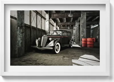 Produktbild von Oldtimer in einer alten Fabrik– Wandbild mit Rahmen – Gerahmtes Bild  – Wanddekoration – 60x40 cm –  Schwarz Rahmen
