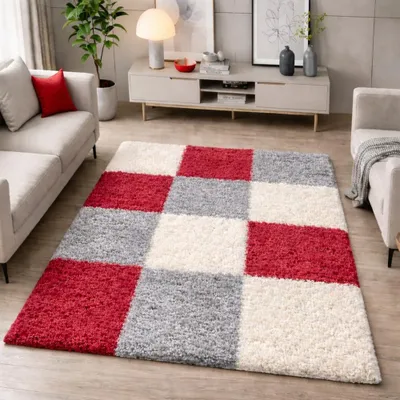 Produktbild von Shaggy Teppich Mehrfarbig Rot Grau Creme für Wohnzimmer und Schlafzimmer – moderner Hochflor Teppich weich und stilvoll Größe - 160 x 230 cm