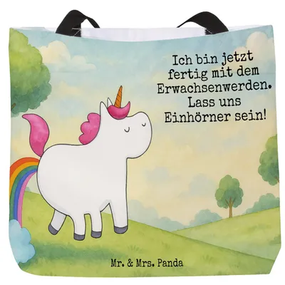 Produktbild von Mr. & Mrs. Panda Shopper Einhorn Pupsen Design - Weiß - Geschenk, Reisetasche, Unicorn, Laptoptasche, Tasche, Lustig, Glitzer, Freundin, Regenbogen, Schultasche, Tote Bag