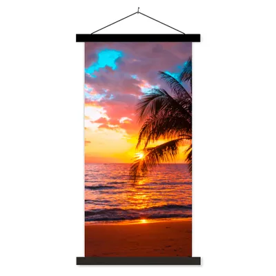 Produktbild von MuchoWow® Textilposter Palme - Sonnenuntergang - Strand - Meer - Horizont 40x80 cm mit schwarzem Rahmen - Wandemalerei