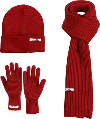 Produktbild von Rotes Winter-Set mit Mütze, Schal & Handschuhen - 3-tlg. Strick-Set für festliche Stimmung & wärmende Gemütlichkeit