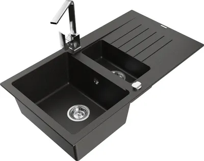 Produktbild von Mexen Matias 1,5-Becken-Granitspüle mit Abtropffläche und Mischbatterie Rita, Schwarz/Gold - 6502-75-670300-00