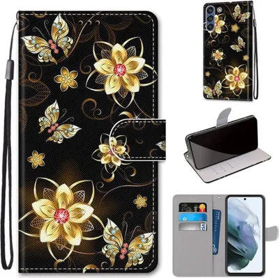 Produktbild von König Design Hülle kompatibel mit Samsung Galaxy S21 FE Kunstleder Handyhülle - Handy Case Golddiamant Schmetterling