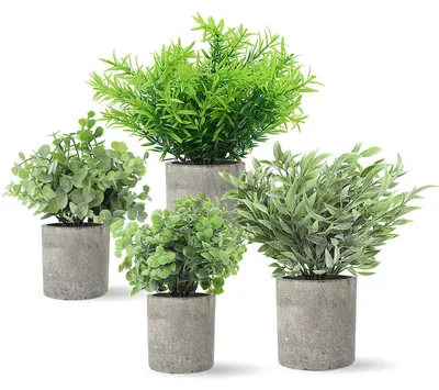 4er-Set Kunstpflanzen in Betontöpfen, Grün, je 20 cm