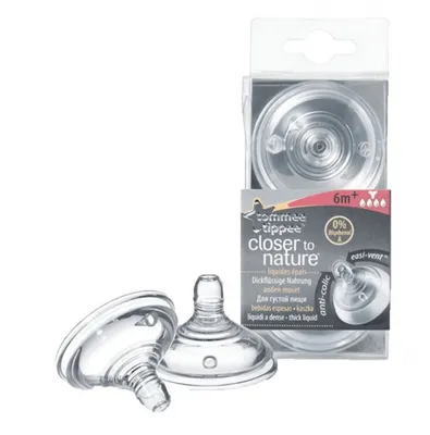 A product shot of Tommee Tippee Closer to Nature bottle nipples in their packaging, with two nipples shown outside the packaging.