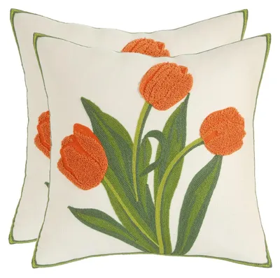 Productafbeelding van 2 kussenslopen, oranje, met tulpenmotief, geborduurd, 45x45 cm, linnenmix