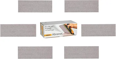 Obrázek produktu pro Mirka Abranet síťové brusné pásky 70 mm x 198 mm, suchý zip / smíšené balení po 5 kusech od každé zrnitosti 80, 120, 180, 240, 320, 400 / 30 ks / k broušení dřeva, tmelu, laku, plastu