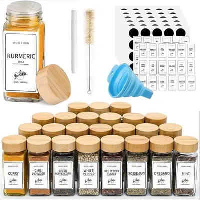 Produktbild von Famanu Gewürzgläser Set - 25 Stück - Glas mit Bambusdeckeln und Etiketten - 120 ml
