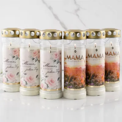 Produktbild von HOFER Grabkerzen 7 Tage Brenndauer mit Motiv & Spruch - 6 Stück - [Mama Select] - Regenfest - Trauerkerzen mit Deckel - Grablicht, Friedhofskerze