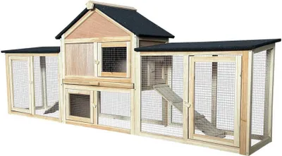 A multi-compartment wooden hutch with a black roof, set against a white background.