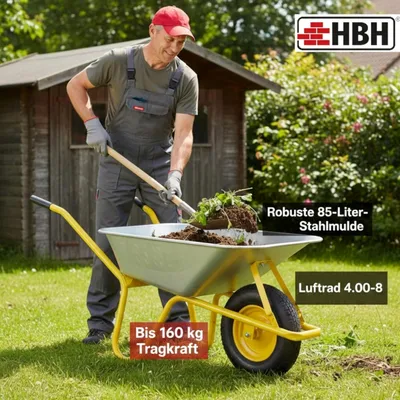 Produktbild von HBH® Schubkarre 85L mit verzinkter Mulde, 2‑teiligem Stahlrahmen, Luftrad 4.00‑8, kugelgelagert, 160 kg Tragkraft, gelb