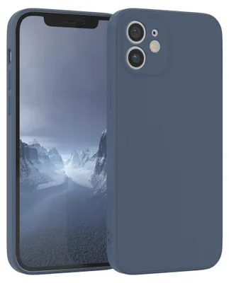 A dark blue phone case is shown on a light gray background, with a phone inside the case displaying a mountain landscape.