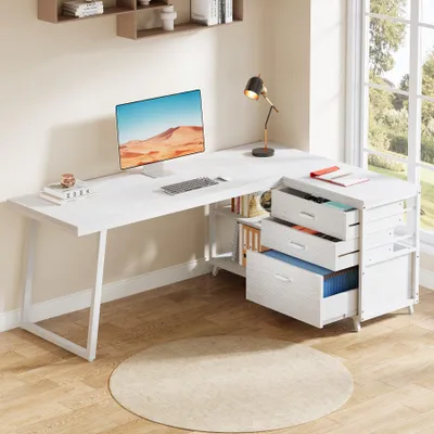 Image de Tribesigns Bureau en L avec 3 tiroirs, ordinateur d'angle réversible pour bureau à domicile avec étagères, ordinateur industriel 135 cm, table de travail, blanc