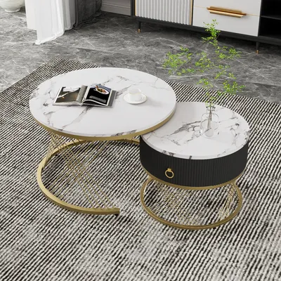 Produktbild von okwish Couchtisch Rund 2er-Set, Satztisch Beistelltisch für Schlafzimmer Balkon, Satztische fürs Wohnzimmer, Wohnzimmertisch mit Marmoroptik,Schwarz