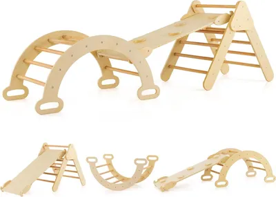 Produktbild von Montessori Kletterdreieck mit Kletterbogen und Rutsche, Indoor Klettergerüst für Kleinkinder ab 1 Jahre, Kletterspielzeug, zum Rutschen und Klettern (Natur)