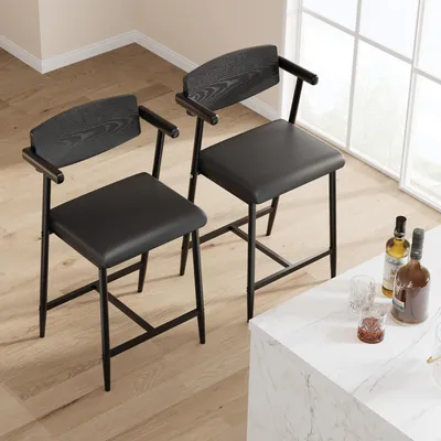 Productafbeelding van GarveeHome set van 2 barkrukken met zitkussen van Polyurethanleer en metalen frame, geschikt voor aan de bar of als eetstoel