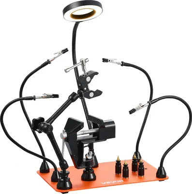 Obrázek produktu pro VEVOR Pomocník při pájení Třetí ruka, magnetická pájecí stanice, 4ramenné ruční nářadí, se svěrákem, trojitou LED lupou, 4 držáky desek plošných spojů a 360stupňovým držákem horkovzdušné pistole