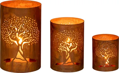 Produktbild von Windlichter Rost 3er Set Teelichthalter Lebensbaum Gartendeko Rostdeko Edelrost