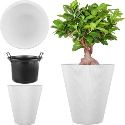 Produktbild von KADAX Pflanzkübel Ø 29,5 x H 32.5 cm, moderner Blumenkübel mit Innentopf & geriffeltes Design, großer Pflanzentopf aus Kunststoff  (Weiß)