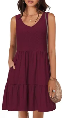 Produktbild von Tanmolo Sommerkleid Damen Knielang,V-Ausschnitt Taschen,Weinrot,S