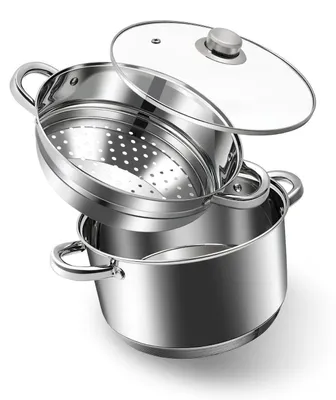 Obrázok produktu pre Sada parných hrncov z nehrdzavejúcej oceli 18/10 s skleneným vekom, 20 cm, 3 litrový hrniec, 2 litrový parný hrniec, vhodná pre indukciu, stohovateľná, strieborná