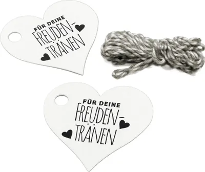 Produktbild von 40 ANHÄNGER WEISS, HERZ, FREUDENTRÄNEN, inkl. 12 Mtr. Kordel / Papieranhänger, Geschenkanhänger, Gastgeschenk Hochzeit, Vintage, Geschenk, Etiketten, Tags, Geburtstag, Dekoration