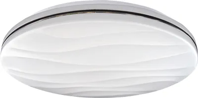 A close-up, studio shot of a white, oval-shaped ceiling light with a textured, wavy surface and a silver trim around the edge.