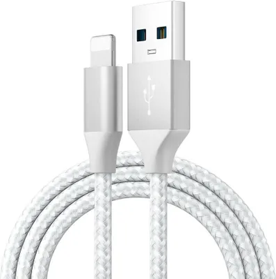 A white braided USB-C to Lightning cable with silver connectors against a white background.