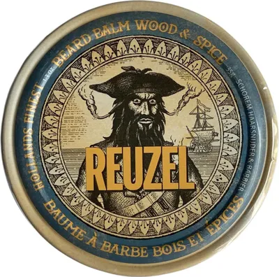 A round tin of Reuzel Beard Balm with a pirate illustration.