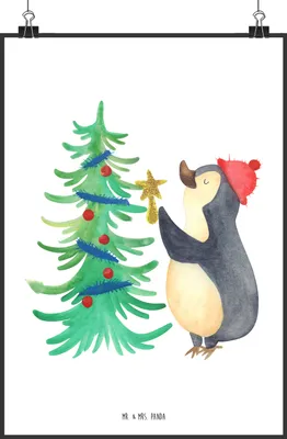 Produktbild von Mr. & Mrs. Panda Bild Pinguin Weihnachtsbaum DIN A2 - Weiß - Geschenk, drucke, Wanddekoration, Weihnachten, Kunstdruck, wanddeko, Winter, Wandbild