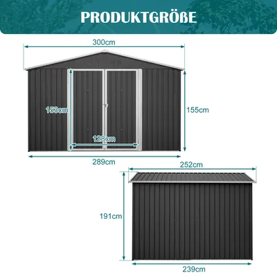 Image de Abri de jardin en métal 300 x 252 x 191 cm, XXXL, toit à deux pentes, portes battantes, ventilation, anthracite