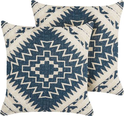 BELIANI 2 poduszki niebiesko-beżowe bawełniana 50 x 50 cm nadruk geometryczny wzór boho poszewka