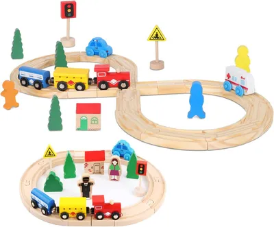 Immagine prodotto di Set di trenino in legno, composto da 33 pezzi, compatibile con i binari per trenini in legno, adatto a bambini dai 3 ai 6 anni, giocattolo