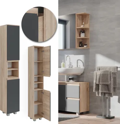 A collage of images showing a tall bathroom cabinet in Sonoma oak and anthracite, with some close-ups and a scene of a bathroom with a sink and towels.