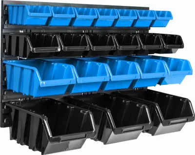Produktbild von Lagersystem Wandregal 576 x 390 mm | 21 stck. Box | Stapelboxen Schüttenregal Sichtlagerkästen | Extra Starke Wandplatten | Regal Erweiterbar | Werkstattregal Lagerregal Werkstattwandregal Steckregal